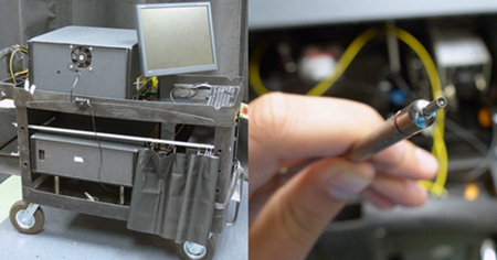 The 3-in-1 probe (right) on its compact utility cart (left). 