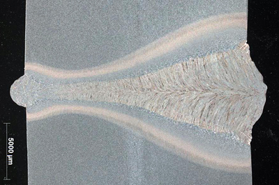 Cross-section of weld seam on 20mm high-strength, fine-grain structural steel.