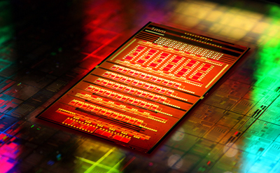 A CMOS silicon photonics chip. 