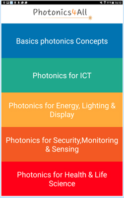 The app contains five different color-coded modules.