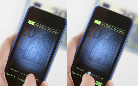 €20 bank note at different wavelengths reveals hidden safety features.