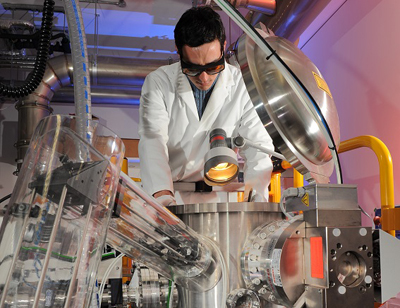 PLD in action – plasma plume transferring to heated substrate for garnet film growth.