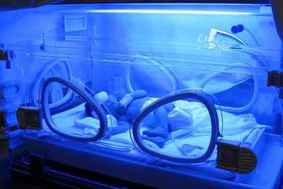Conventional photonic treatment of jaundiced newborns in an incubator.
