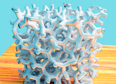 Amorphous gyroid sample fabricated by 3D ceramic printing.