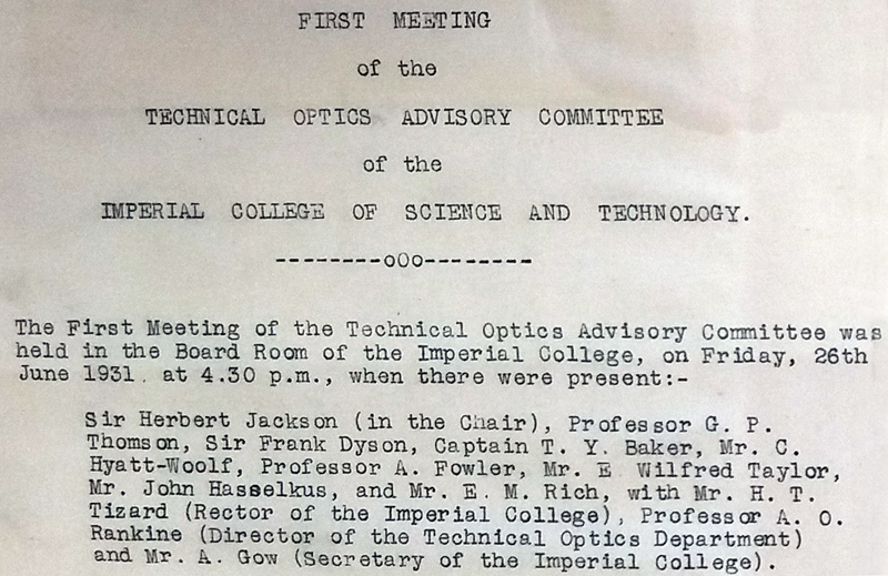 Minute details: The associated exhibition displayed some early minutes of Imperial's optics committee meetings.